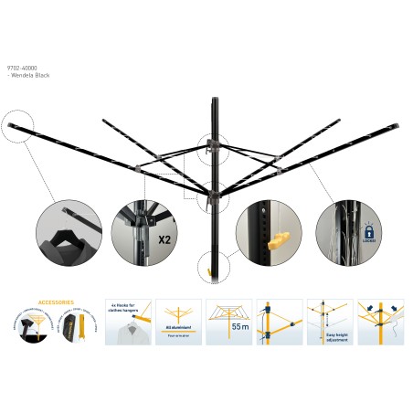 Aluminiowa suszarka ogrodowa 55m obrotowa Wendela czarna RORETS
